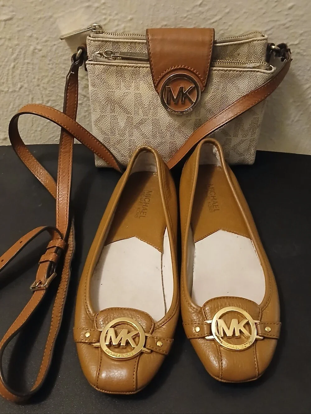Michael Kors Cognac Leather MK Logo Ballet Flats and Michael Kors Crossbody